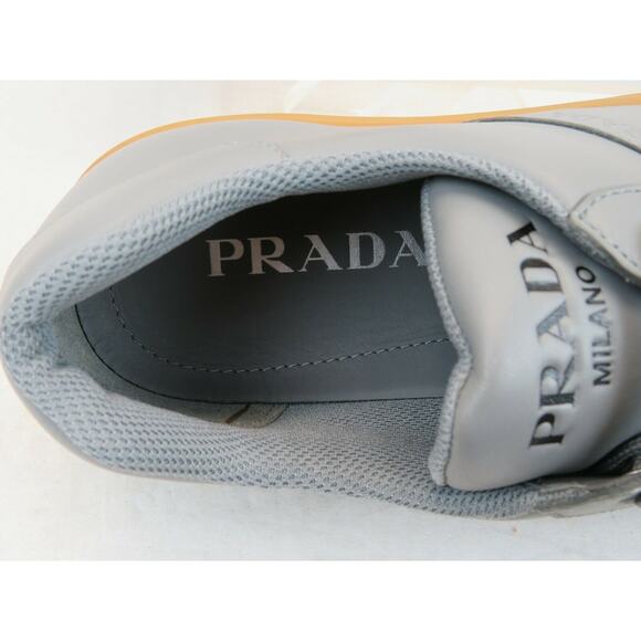 NIB PRADA 4E3501 GRAY LEATHER LACE UP LOGO LOW TOP SNEAKERS 7.5 / US 8.5 ITALY - Picture 8 of 12